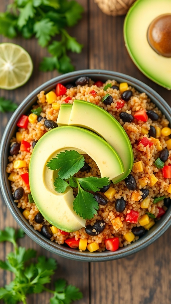 Mexican-Style Quinoa Bowl A colorful bowl of Mexican-style quinoa with avocado, cilantro, and lime on a rustic table.